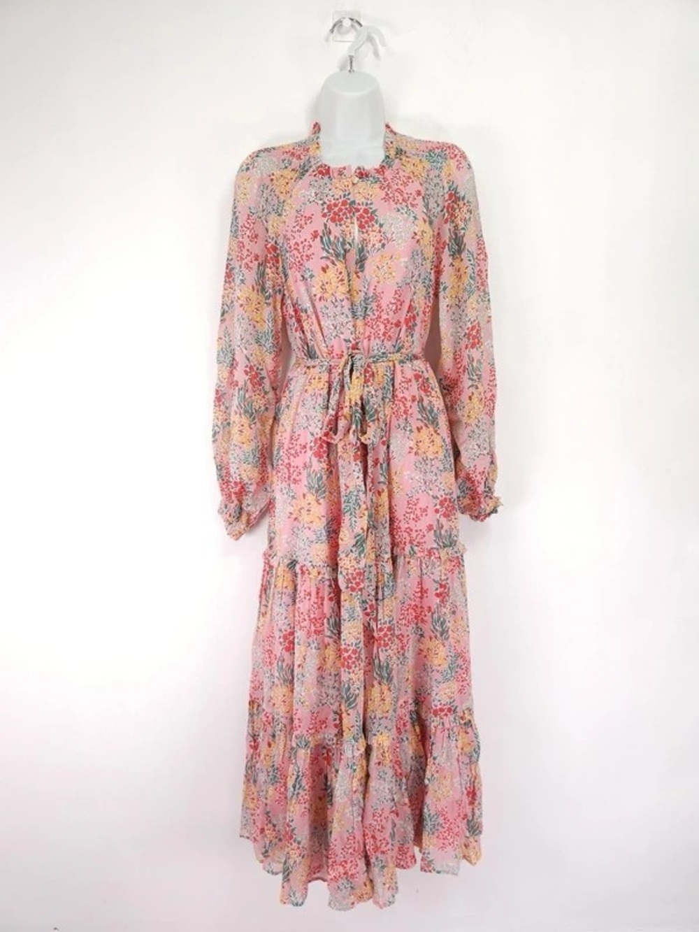 Floral Pink Tiered Maxi Dress with Waist Tie